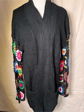 Blakely Black Open-Front Women’s Sweater with Colorful Crochet Sleeves